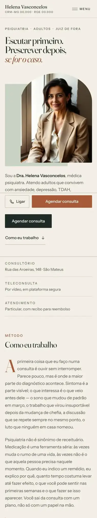 Site de exemplo de uma psiquiatra, visto no celular