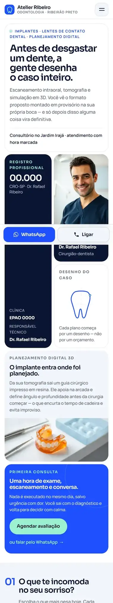 Site de exemplo de um consultório de odontologia, visto no celular
