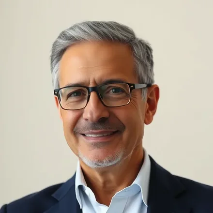 Retrato do Dr. André Cardoso, homem de cabelos grisalhos e óculos, de terno azul-marinho.
