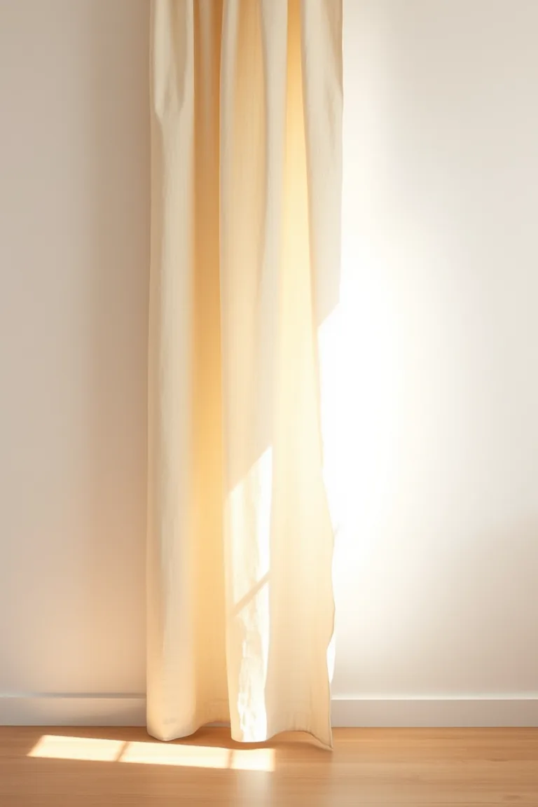 Luz da manhã atravessando uma cortina de linho cru, com dobras suaves e reflexo claro na parede.
