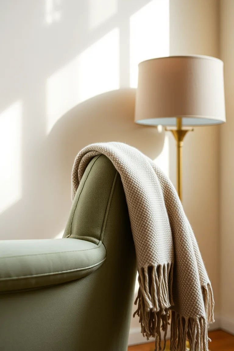Detalhe do braço de uma poltrona de linho verde com uma manta dobrada e uma luminária de pé em latão ao lado.
