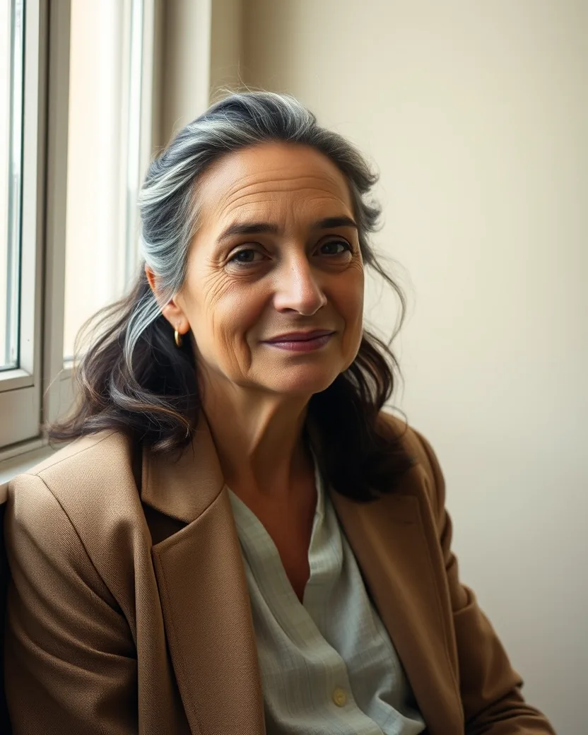 Dra. Helena Vasconcelos sentada junto a uma janela, de blazer cor de areia sobre camisa clara, olhando para a câmera com expressão tranquila.