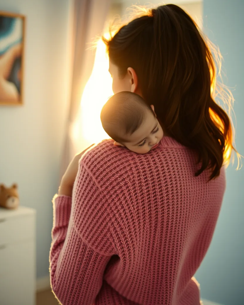 Mãe de costas para a câmera, com blusa rosa, segurando o bebê adormecido no ombro diante de uma janela ensolarada.
