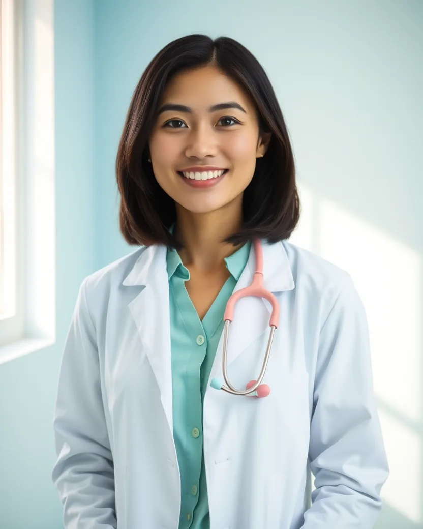 Dra. Sofia Nakamura, pediatra, de jaleco branco sobre blusa verde-menta e estetoscópio colorido no pescoço, sorrindo em um consultório claro.