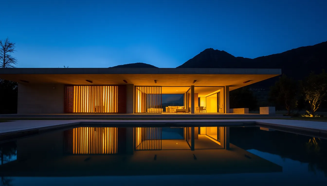 Fachada horizontal de casa de campo ao entardecer, com brises de madeira iluminados por dentro e espelho d'água à frente