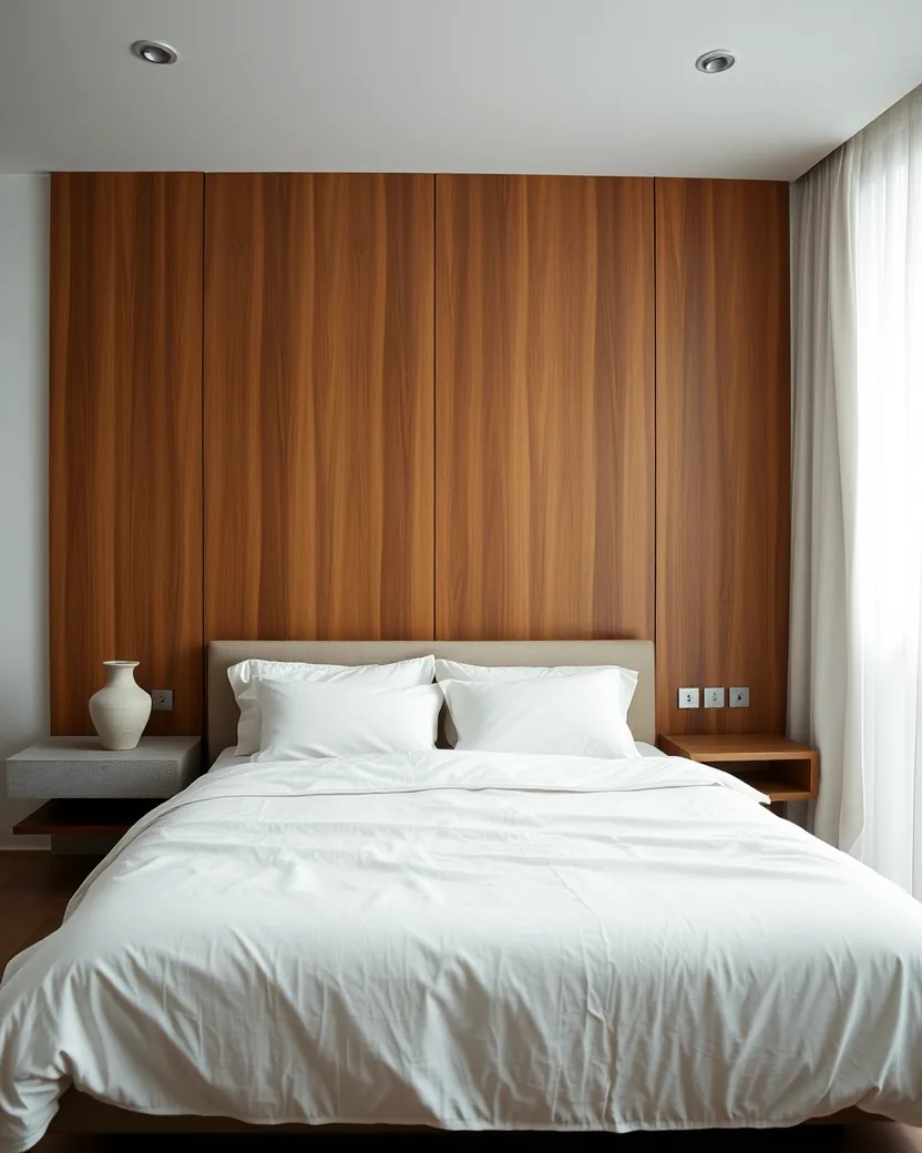 Suíte com painel de marcenaria em freijó do piso ao teto, roupa de cama em linho cru e cortina translúcida