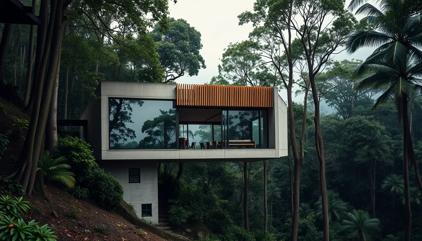 Casa de concreto aparente e ripas de madeira apoiada numa encosta cercada por mata fechada
