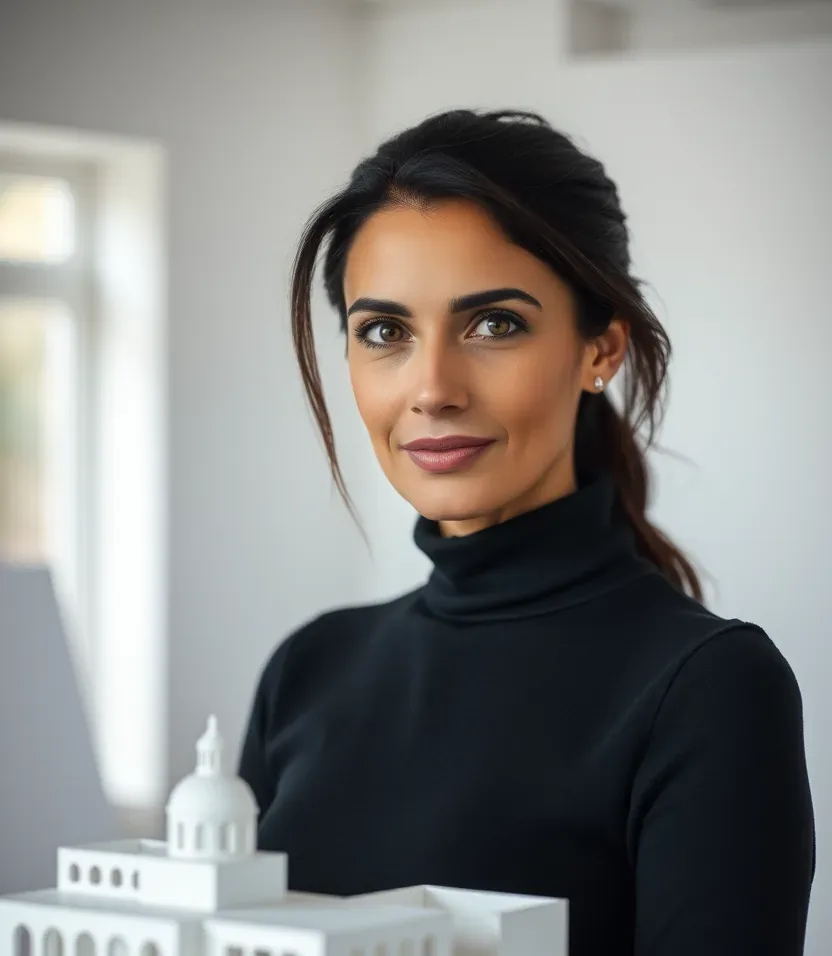 Beatriz Canto, arquiteta, de gola alta preta ao lado de uma mesa com maquetes de papelão branco