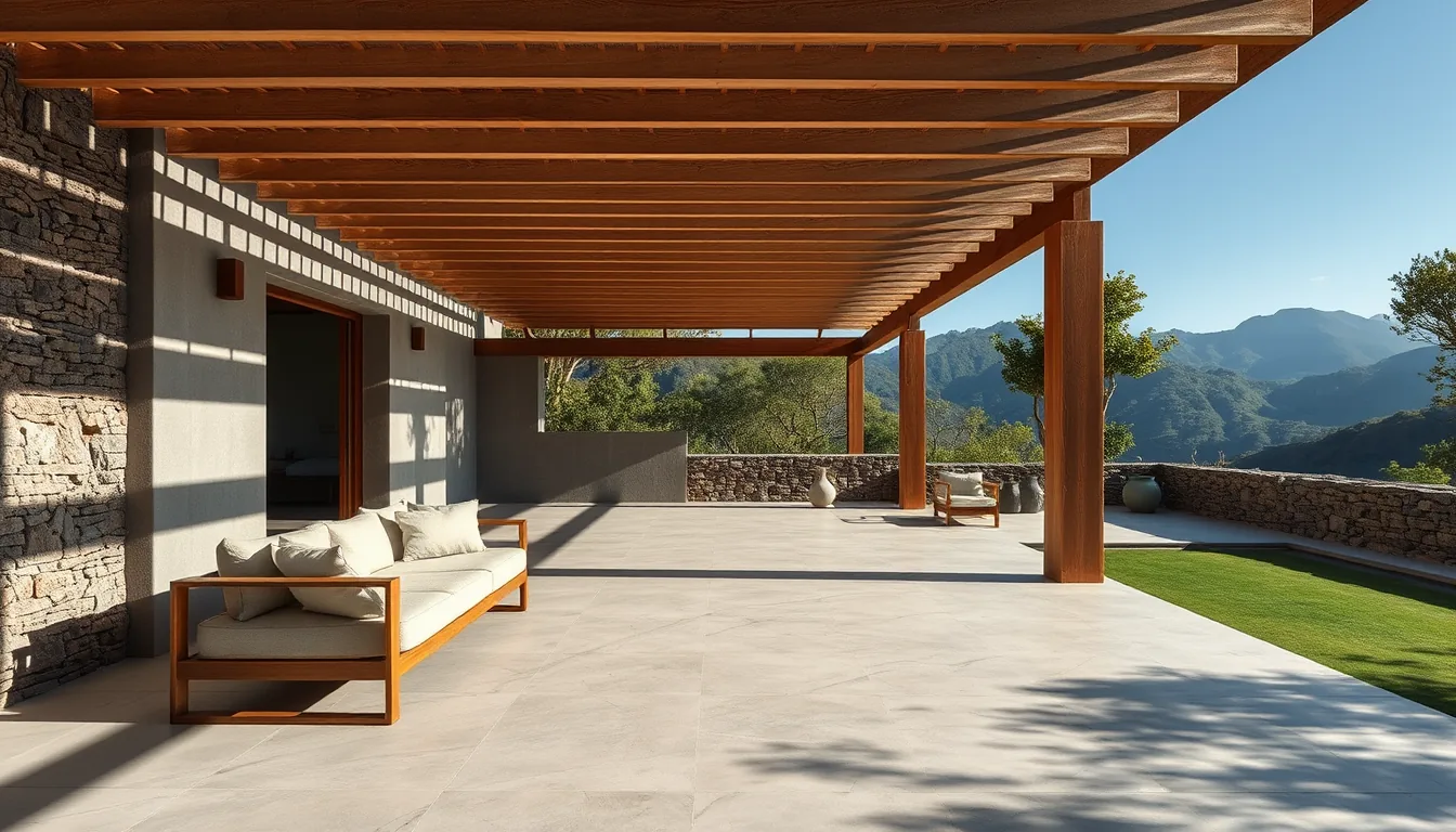 Varanda coberta por pergolado de madeira projetando sombras listradas sobre piso de concreto, com vista para montanhas