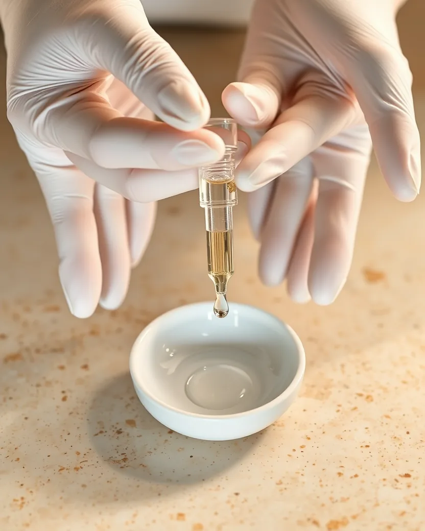Mãos com luvas brancas segurando um conta-gotas de vidro sobre uma cuba de porcelana em bancada de travertino