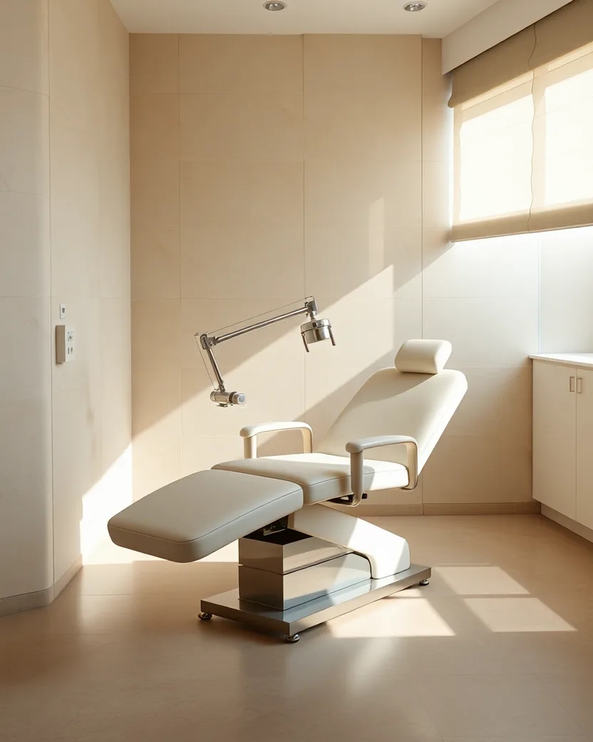 Sala de procedimentos vazia, com poltrona creme, braço articulado de equipamento e parede de travertino