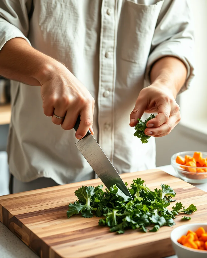 Homem de mangas arregaçadas picando couve numa tábua de madeira em cozinha clara, enquadrado do peito para baixo.