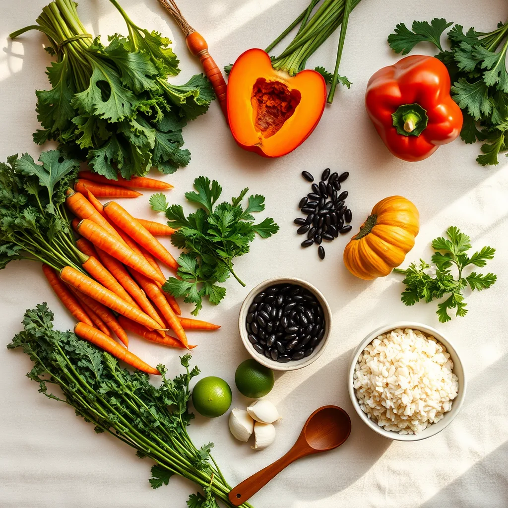 Ingredientes espalhados sobre pano cru: couve, cenouras, pimentões, abóbora, feijão e arroz em tigelas de cerâmica.