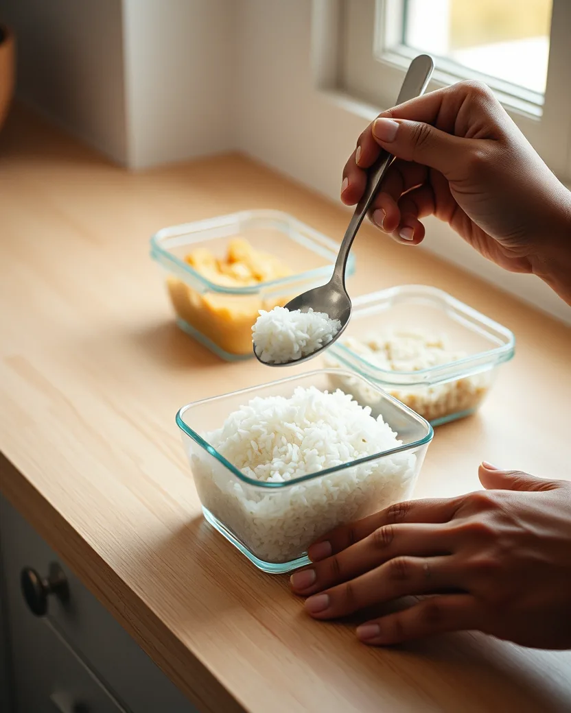 Uma mão serve arroz com uma colher dentro de um pote de vidro, a outra segura o pote na bancada de madeira clara, com potes já montados ao fundo.