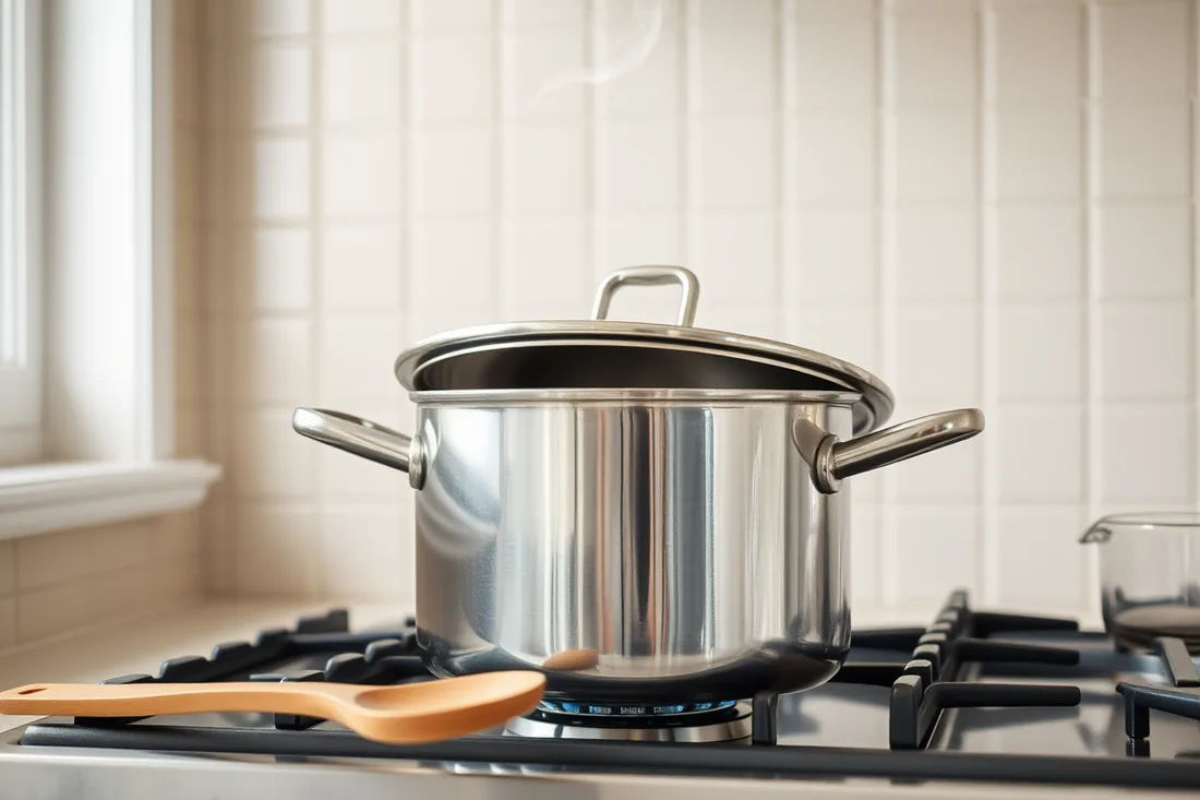 Panela de aço inox com a tampa entreaberta sobre o fogão, um fio de vapor subindo, azulejo creme ao fundo.