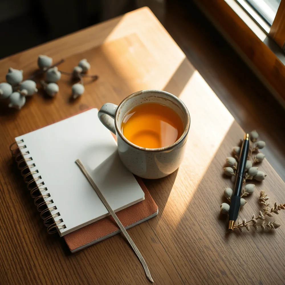 Caneca de cerâmica com chá ao lado de um caderno fechado e uma caneta sobre mesa de madeira.
