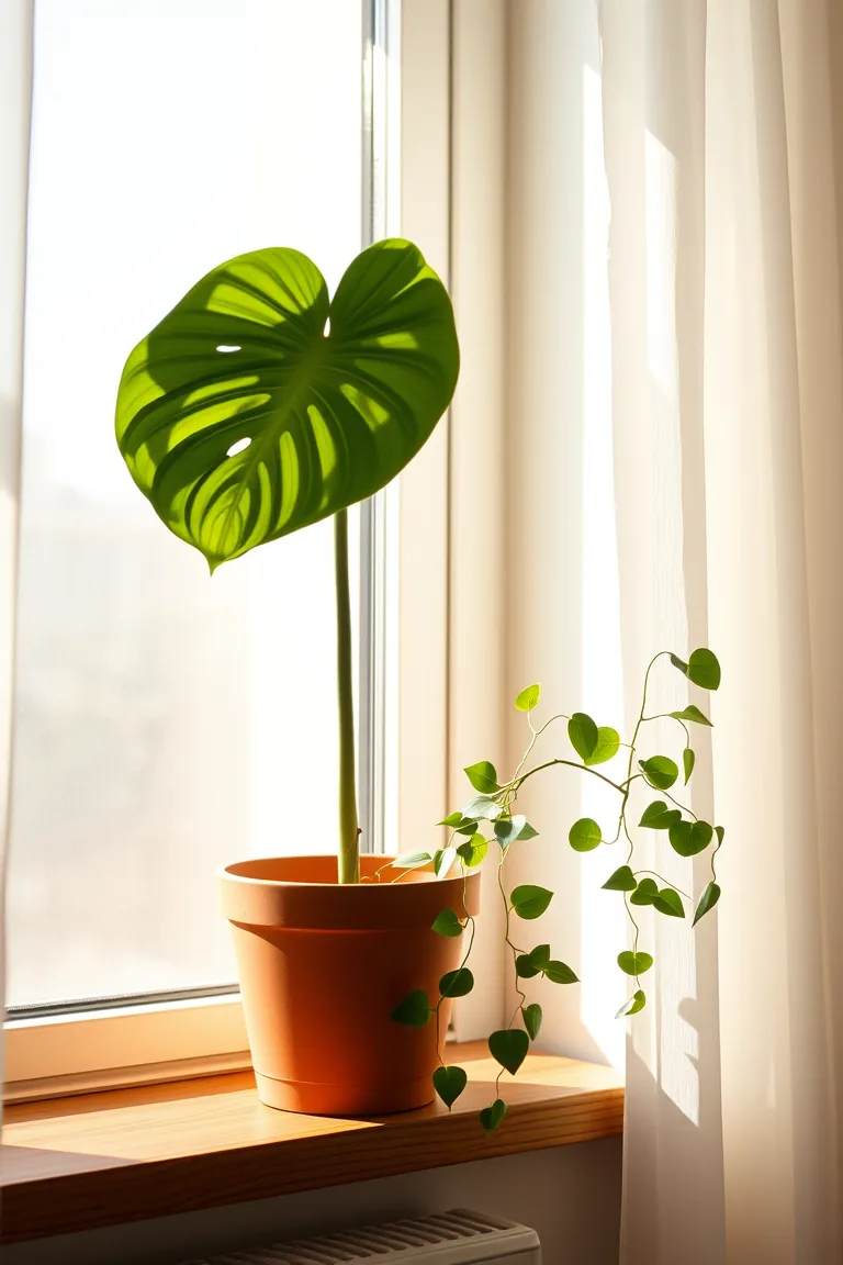 Plantas em vasos de terracota no parapeito de uma janela, com sombras das folhas projetadas na parede creme.