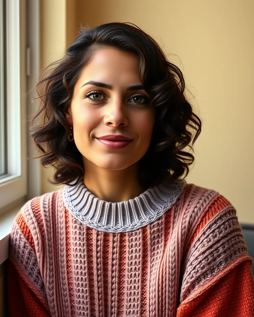 Marina Duarte, psicóloga, de cabelo cacheado e tricô em tons de terracota, sentada perto de uma janela.
