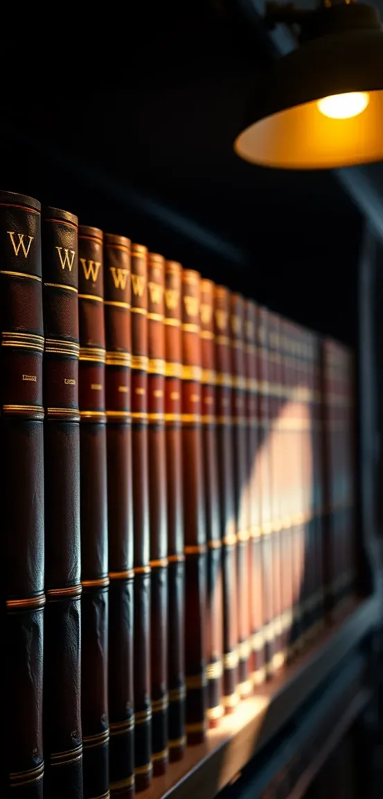 Estante de biblioteca jurídica com lombadas de couro envelhecido em tons de vinho e azul, iluminadas por um abajur de latão.