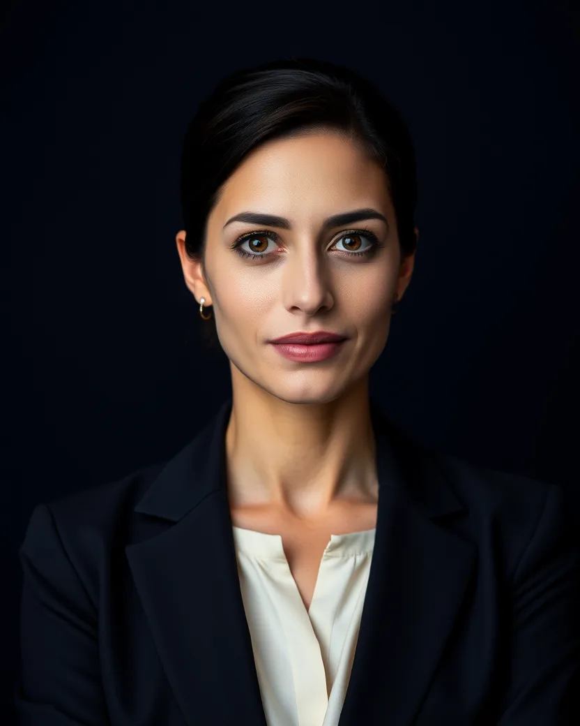 Retrato de Renata Teixeira, advogada de blazer escuro e cabelo preso, em fundo azul-noite.