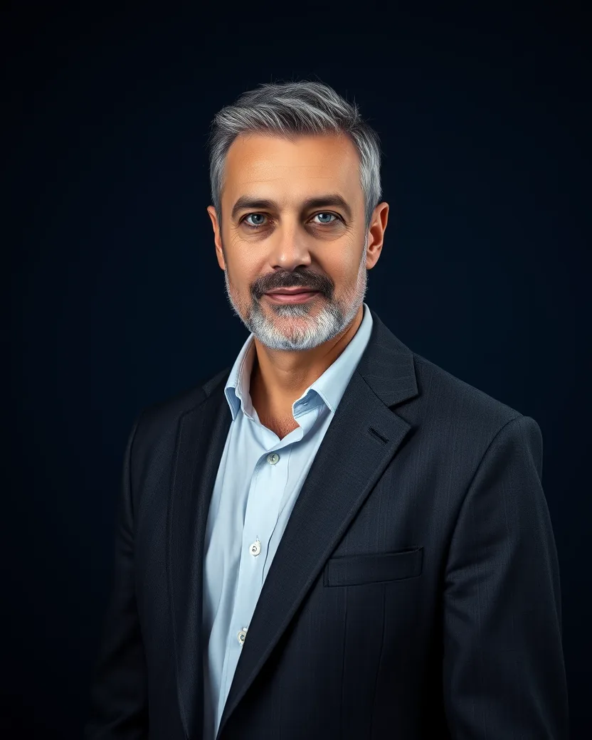 Retrato de Otávio Moraes, advogado de barba grisalha e terno escuro, em fundo azul-noite.