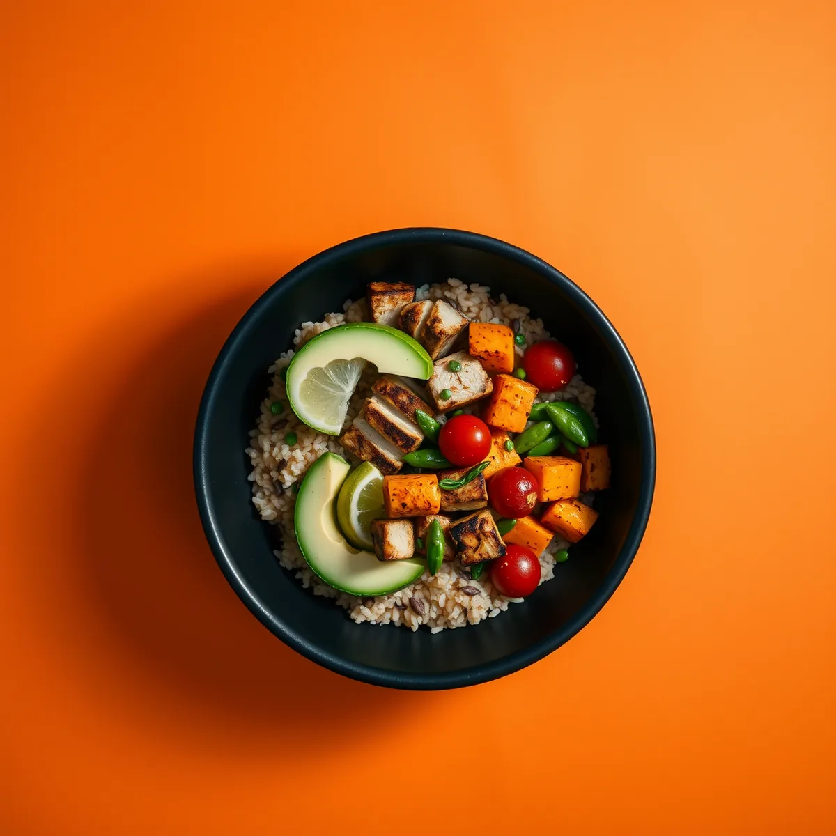 Bowl de cerâmica preta visto de cima, com arroz integral, frango grelhado, batata-doce assada, tomate-cereja, edamame e abacate, sobre fundo laranja