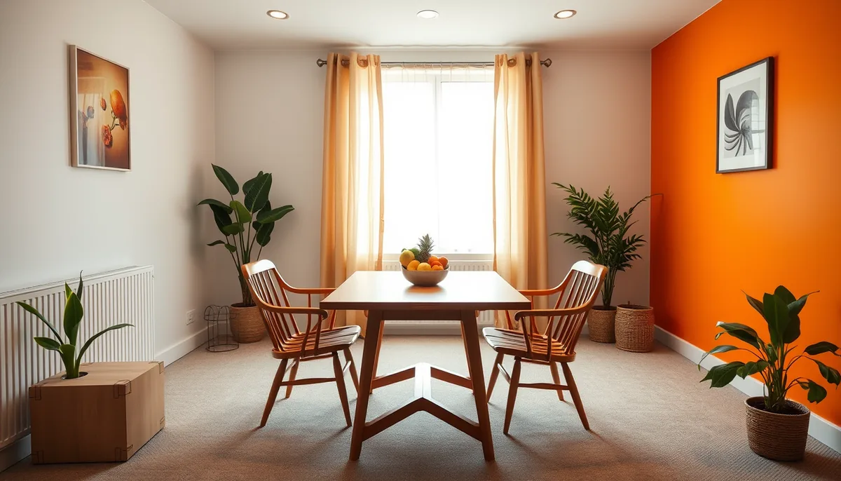 Sala de atendimento clara com duas cadeiras de madeira, mesa de carvalho com fruteira e parede laranja