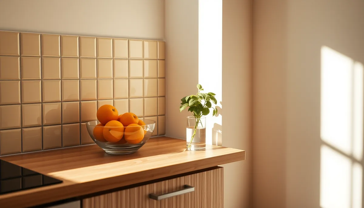Canto de cozinha ensolarado com parede de azulejo creme, bancada de madeira, fruteira com laranjas e vaso de manjericão