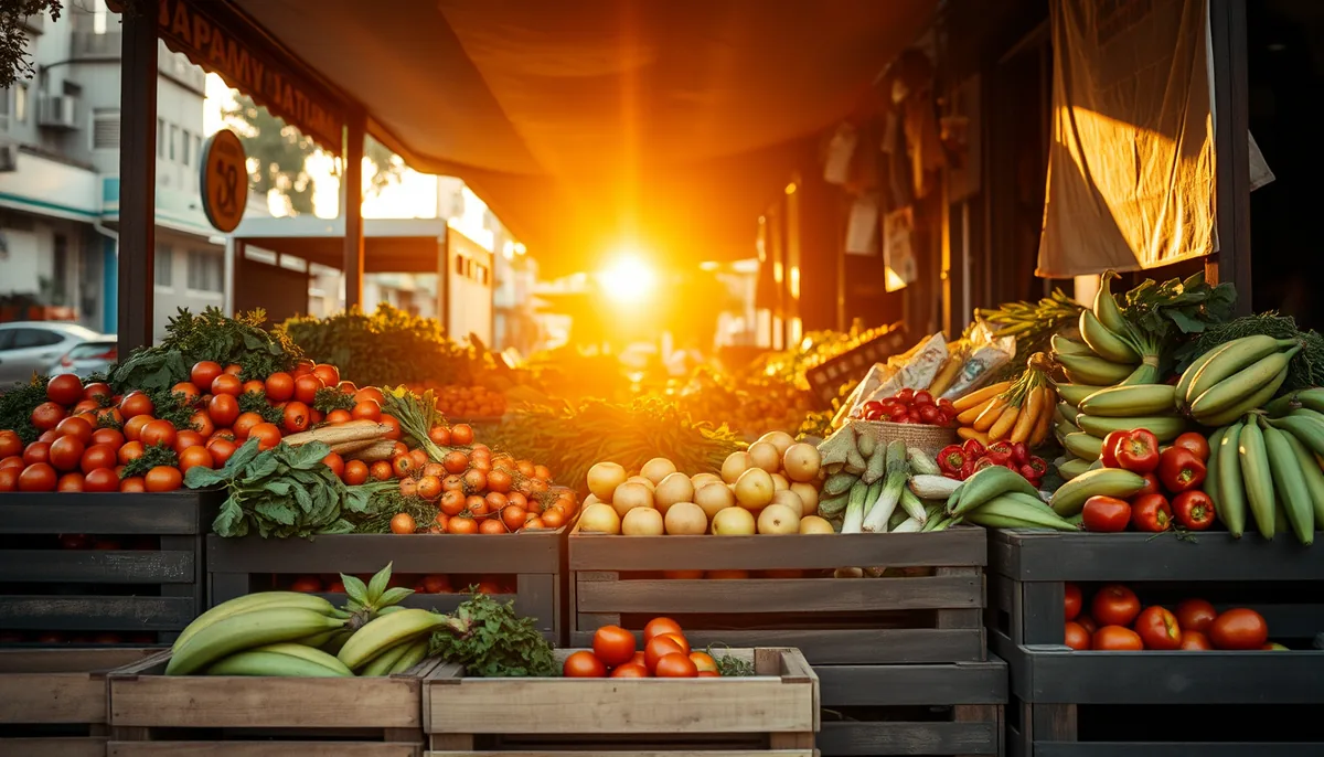 Banca de feira livre com caixotes de madeira cheios de tomates, cenouras, folhas verdes e pimentões, sob luz do fim de tarde