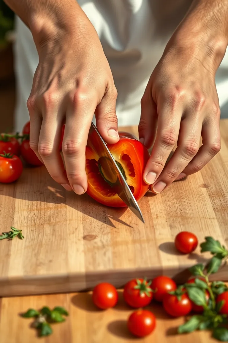 Mãos cortando pimentão vermelho em tábua de madeira clara, com ervas frescas e tomates-cereja espalhados ao redor