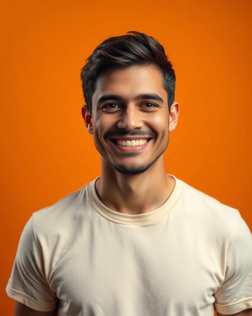 Caio Mendes, homem de camiseta creme, sorrindo em frente a fundo laranja de estúdio