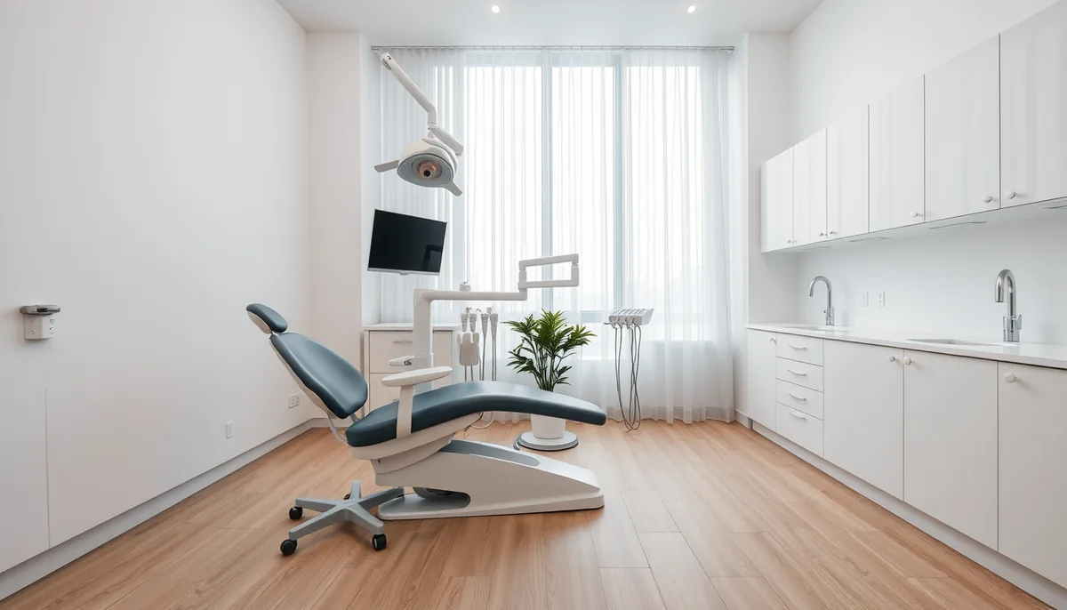 Sala clínica com cadeira odontológica de estofado azul-marinho, marcenaria branca e janela ampla.