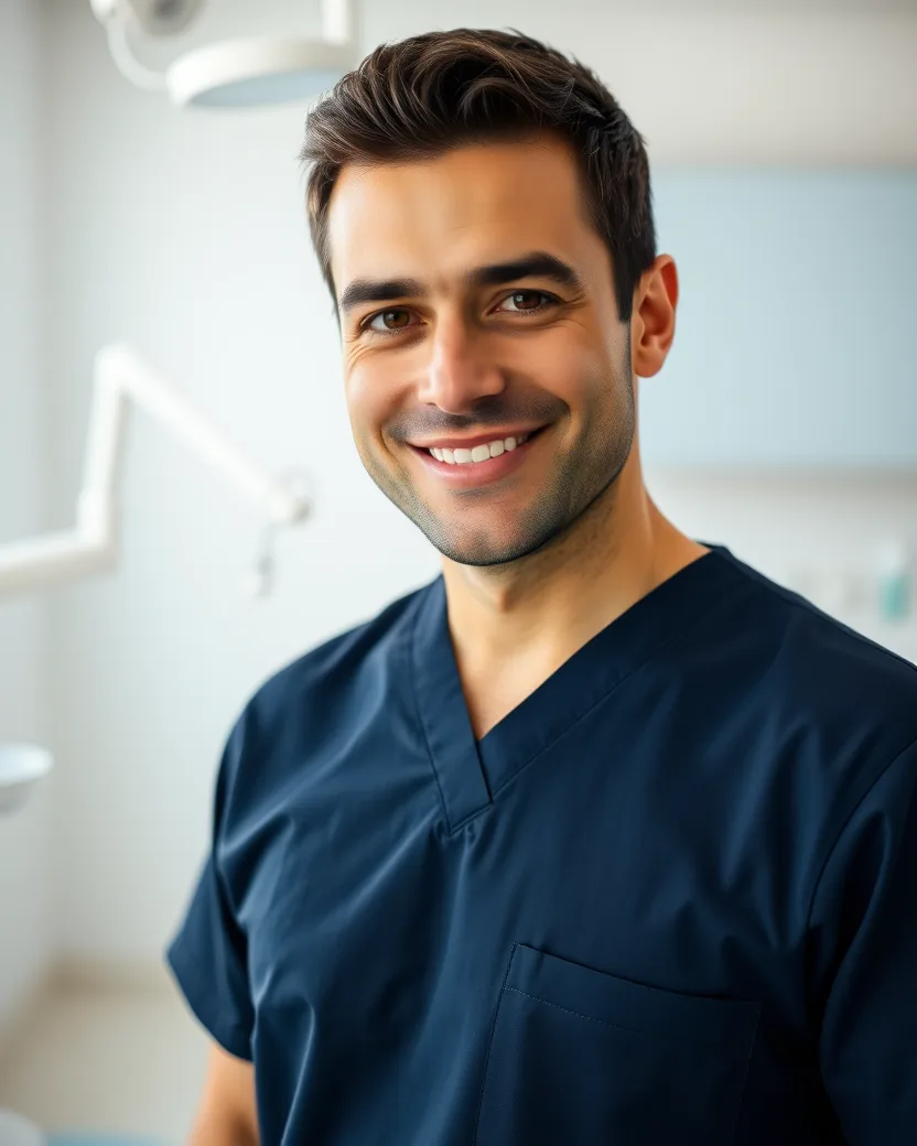 Dr. Rafael Ribeiro, cirurgião-dentista, de scrub azul-marinho, no consultório.