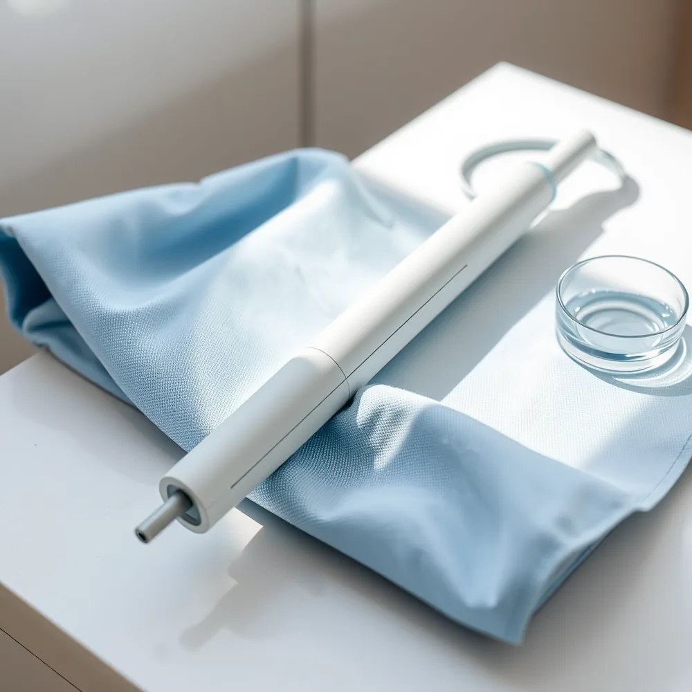 Scanner intraoral branco, em formato de caneta, pousado sobre um pano cirúrgico azul-claro, ao lado de um recipiente de vidro, em bancada branca.