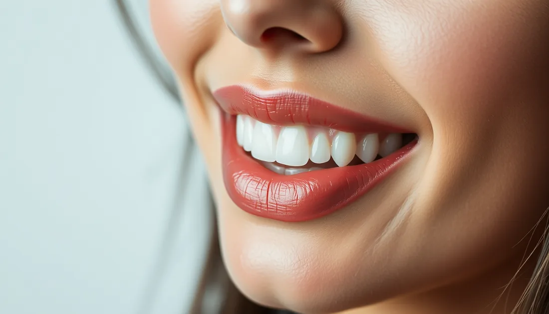Close de um sorriso natural, mostrando lábios e dentes alinhados.