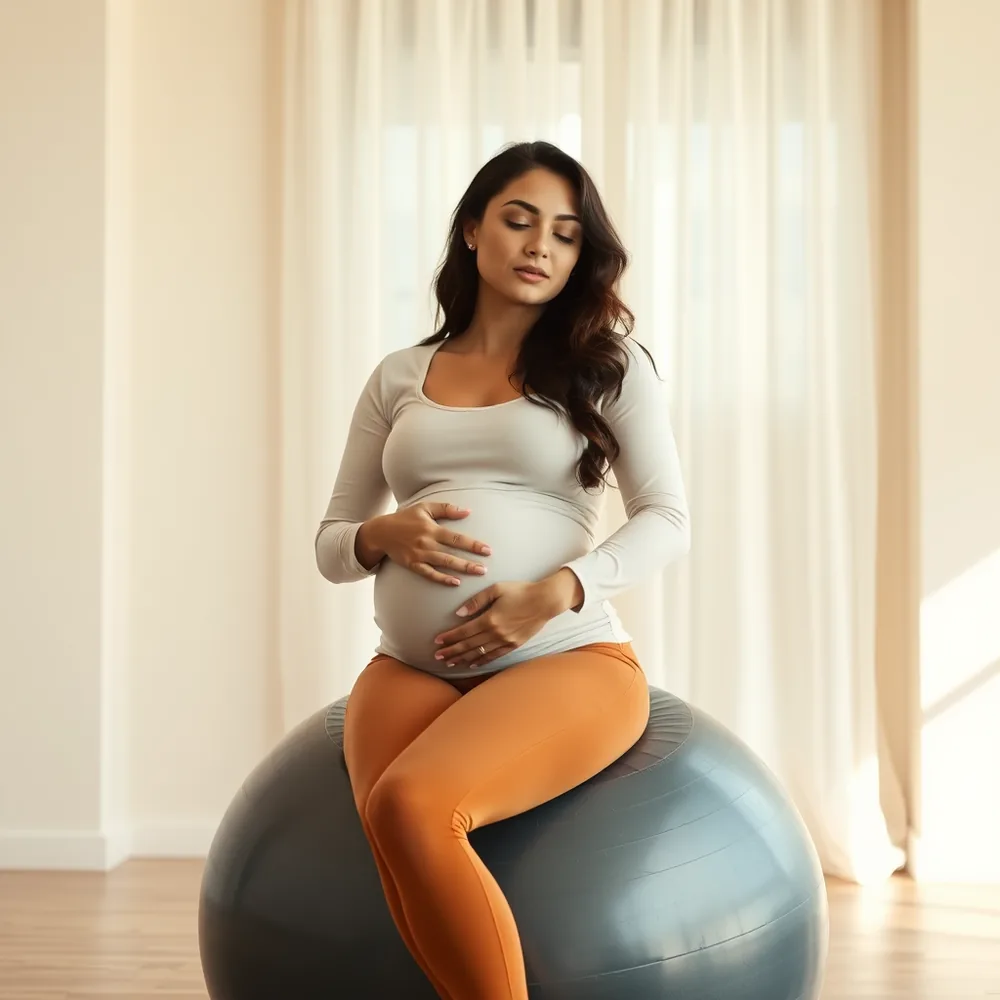 Gestante sentada de perfil sobre uma bola de exercício, com as mãos apoiadas na barriga, em sala clara.