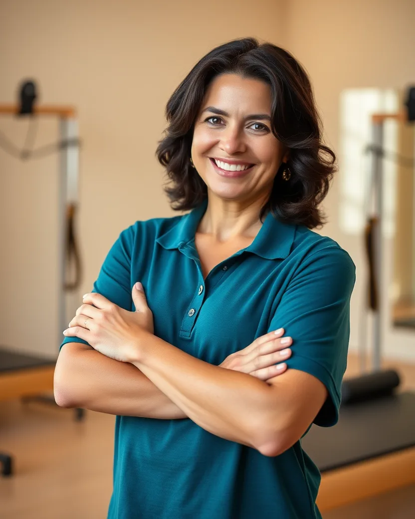 Retrato da fisioterapeuta Laura Prado, de camisa polo verde-petróleo, sorrindo em frente ao estúdio desfocado.
