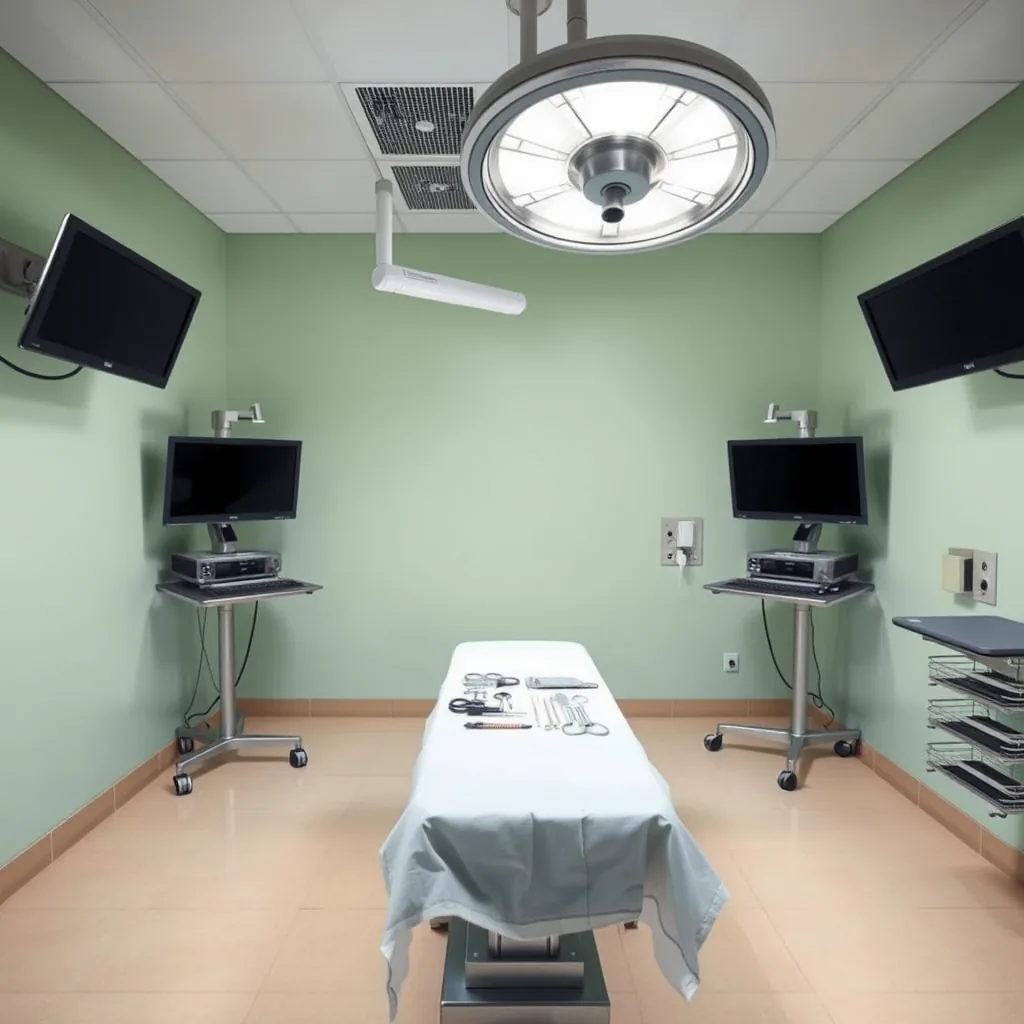 Centro cirúrgico preparado e vazio, com mesa de inox sob o foco cirúrgico e campo estéril verde dobrado