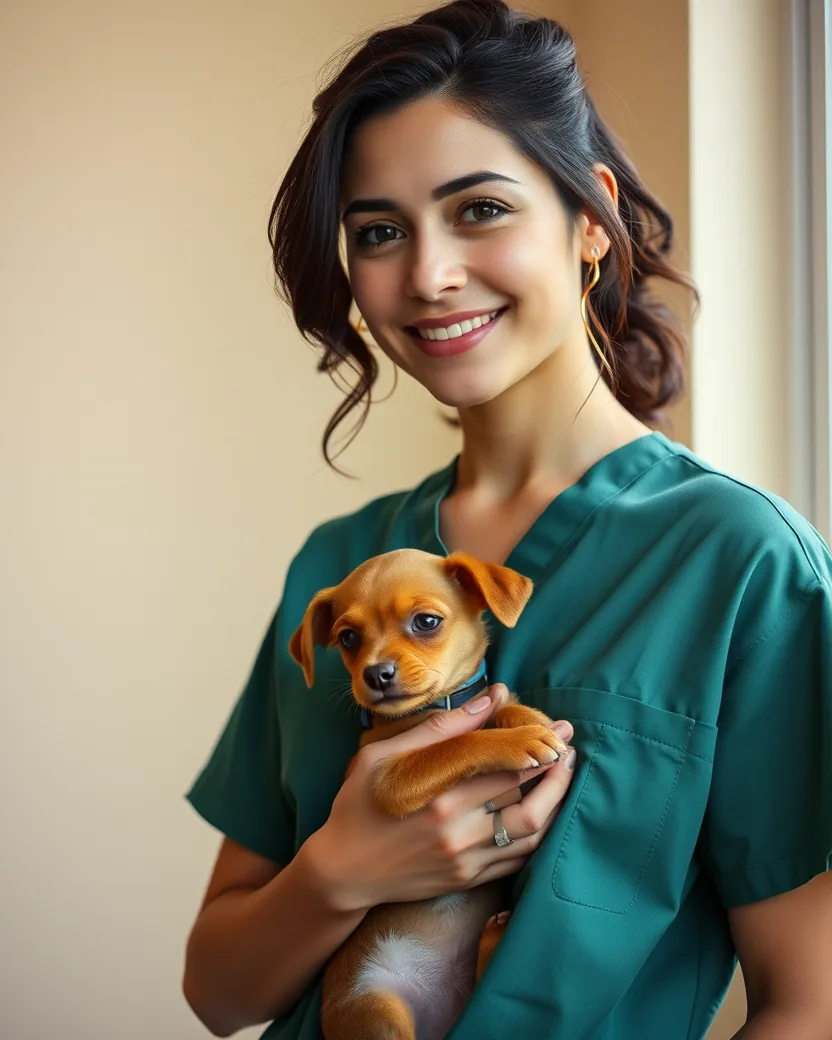Médica-veterinária de jaleco cirúrgico verde segurando no colo um cachorro marrom de pequeno porte