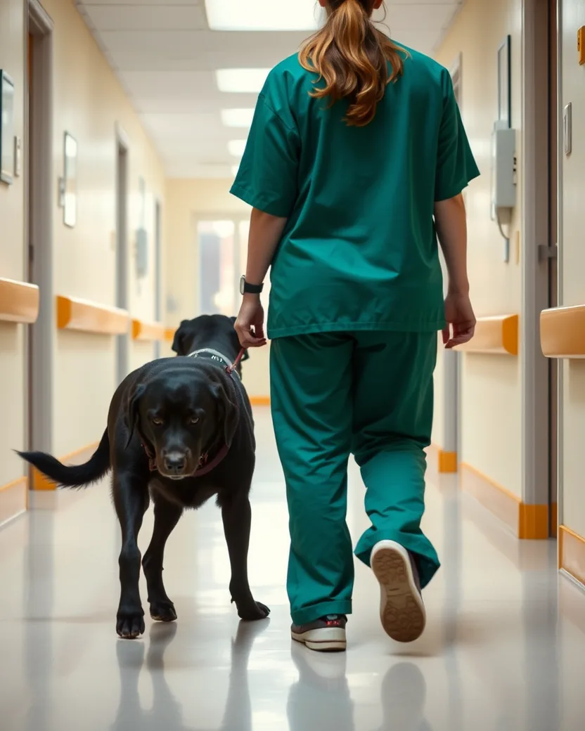 Auxiliar de internação vista de costas, conduzindo um labrador preto pelo corredor da clínica