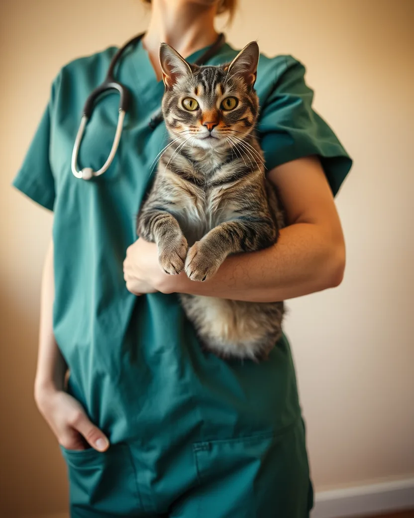 Auxiliar veterinária de jaleco verde e estetoscópio, enquadrada do pescoço para baixo, com um gato rajado sentado no antebraço
