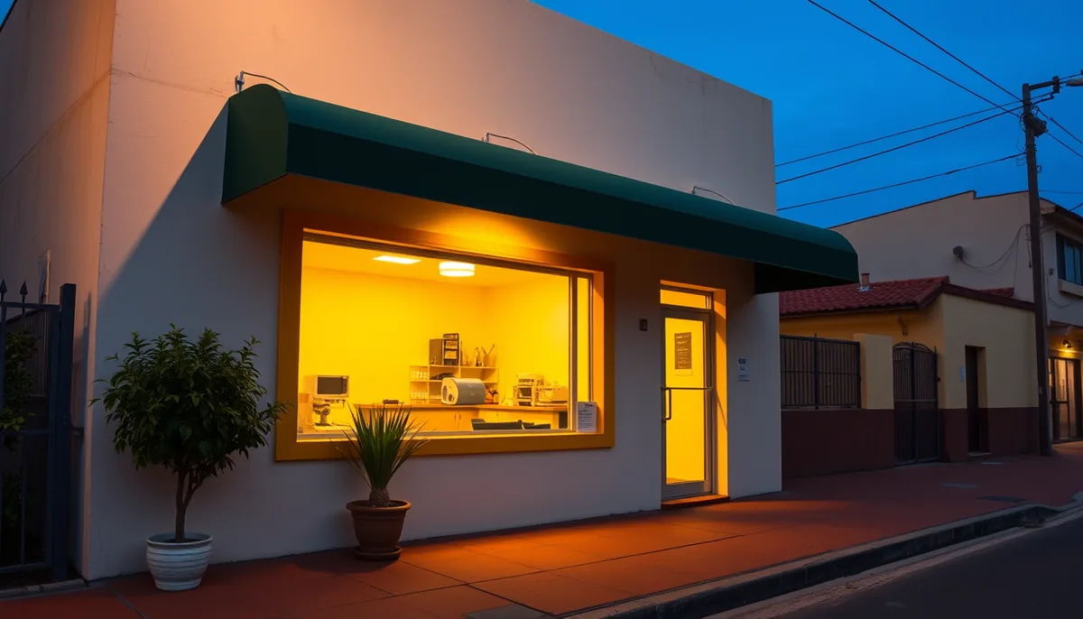 Fachada da clínica ao entardecer, com toldo verde e vitrine iluminada por luz quente