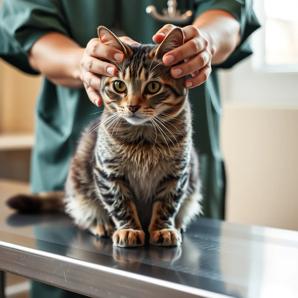 Gato rajado sentado na mesa de inox, com as mãos da veterinária apoiadas de leve na sua cabeça