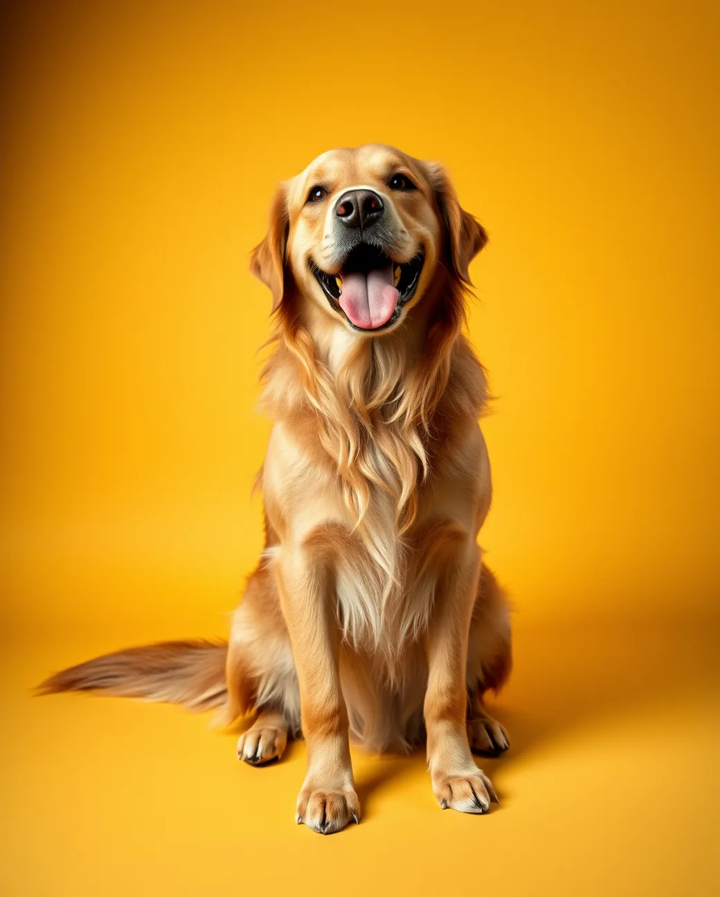 Golden retriever sentado, de boca aberta e orelhas relaxadas, fotografado sobre fundo mostarda