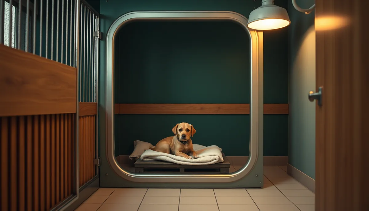 Cachorro pequeno descansando sobre manta creme dentro de uma baia de internação de inox com porta de vidro, ao lado da bomba de soro